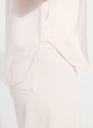 Close-up detail of hand-crocheted pointelle collar band and soft touch satin fabric on Lyssé Jenika top