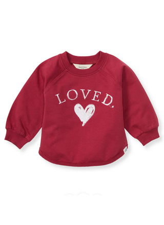 Loved baby sweatshirt in red with distressed heart graphic, organic cotton