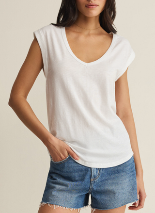Front view of Z Supply Per Diem V-Neck Tank in white featuring flattering v-neckline and regular fit
