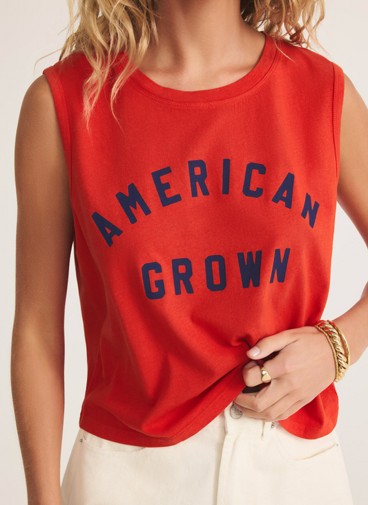 Z Supply American Grown Tank in vibrant red with navy block letters, relaxed fit sleeveless top, boutique style from August Boutique Ripon.