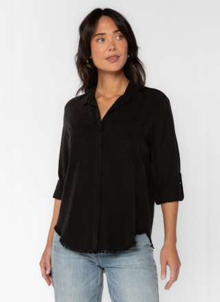 Velvet Heart Riley Tencel button-up shirt in black with collared V-neck and patch pockets - August Boutique