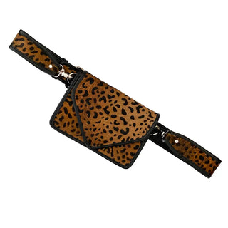 Front view of the cheetah purse with strap.