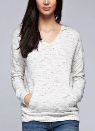 Front view of Lovestitch Pullover Quilted Hoodie in gray featuring v-neckline, hood, and kangaroo pocket