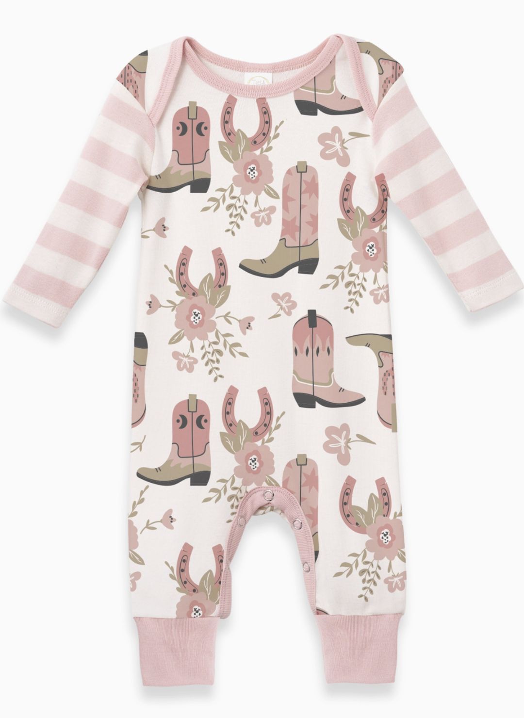Baby onesie with cowboy boot and horseshoe pattern on a white background