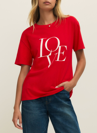 Z Supply Love You BF Tee in red front view with relaxed fit and crew neckline.