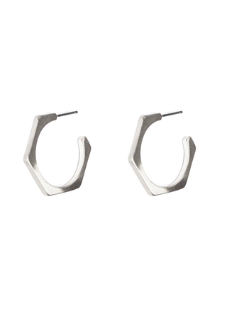 Pair of silver hoop earrings on a white background