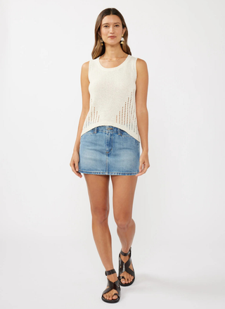 Front view of Lovestitch Sweater Open Knit Tank in cream featuring round neckline and intricate open-knit details