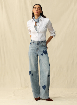Front view of All You Need is Love Stretch Denim in light blue featuring comfortable stretch construction