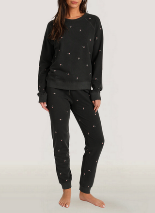 Front view of Dylan Chloe Rose Embroidered Jogger in black featuring delicate rose embroidery and relaxed fit