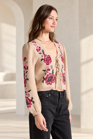 Saltwater Luxe Slaide sweater in Natural, romantic puff sleeve cardigan with pink flowers down the sleeves
