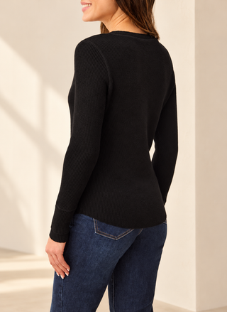 TRIBAL brushed waffle knit henley in black with gold-tone buttons, women's long sleeve top - August Boutique