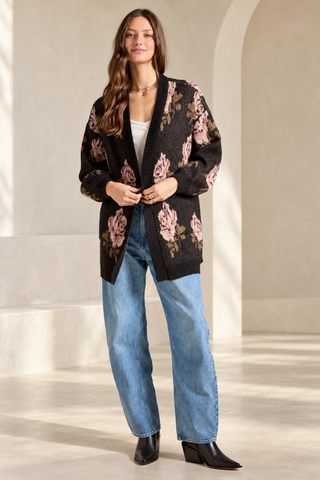 Black and neutral floral Saltwater Luxe Stari long sleeve cardigan, an easy fall layering sweater - August Boutique