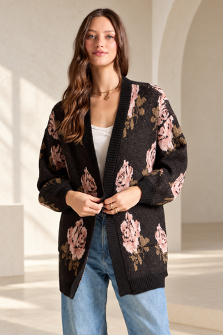 Saltwater Luxe Stari Floral Long Sleeve Cardigan in Black, open-front knit with neutral floral print - August Boutique