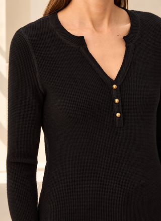Women's black waffle knit henley by TRIBAL with long sleeves and curved hem