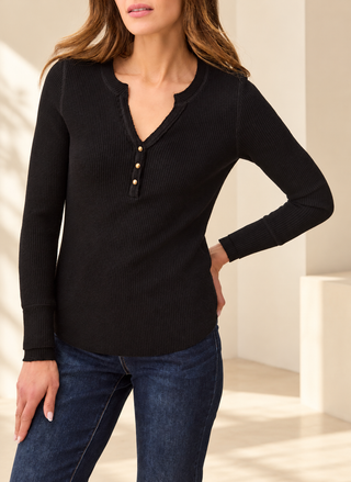 Black TRIBAL waffle henley top with split V neckline styled with dark wash jeans