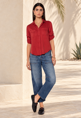 Velvet Heart Riley Tencel button-up shirt in festive red with collared V-neck, women's holiday top - August Boutique