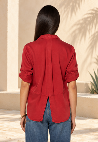 Women's festive red Tencel shirt by Velvet Heart with rolled-tab sleeves and patch pockets