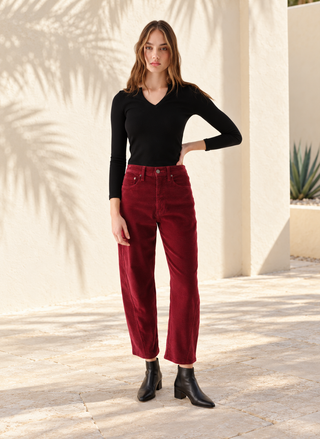 Women's merlot corduroy barrel pants by Daze Denim with relaxed fit and tapered ankle