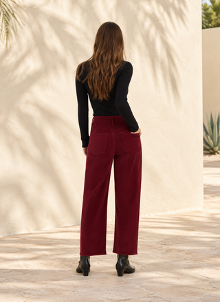 Burgundy Daze Westward stretch corduroy pant with high rise and curved barrel leg - August Boutique