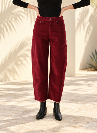 Daze Westward high rise barrel corduroy pant in merlot, women's burgundy cord pants - August Boutique