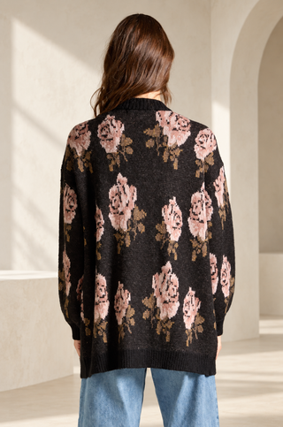Women's black floral cardigan by Saltwater Luxe with a relaxed, draped open front