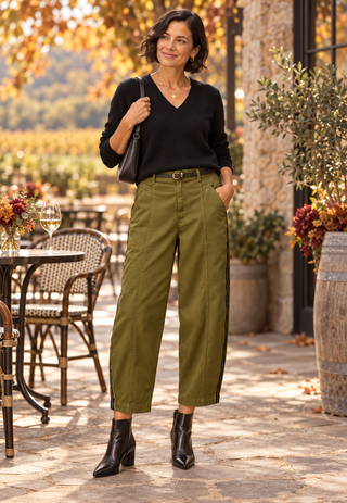 A woman stands outdoors on a stone patio wearing olive green wide-leg cropped pants, a black long-sleeve V-neck top, black ankle boots, and carrying a black shoulder bag.