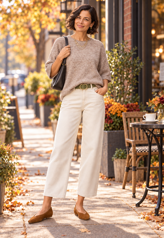 A woman stands on a city sidewalk wearing a light taupe knit sweater, off-white cropped wide-leg trousers, tan flats, and carrying a black shoulder bag. The background shows an autumn street scene with trees, flowers, and outdoor cafe seating.