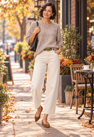 A woman stands on an outdoor city sidewalk wearing a light taupe knit sweater by White Stuff, off-white wide-leg cropped pants, tan flats, and carrying a black shoulder bag. The background shows autumn trees with fallen leaves, storefront windows, and outdoor seating.
