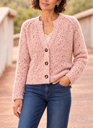 Pink tweed-like knit cardigan with allover colorful sequins and tortoiseshell buttons by TRIBAL