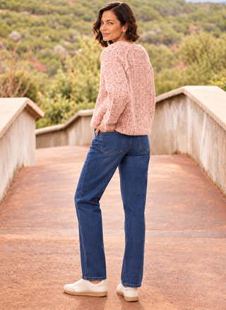 TRIBAL Tweed Like Sequined Sweater in pink with colorful sequin detailing, V-neckline, and button-front styling - August Boutique