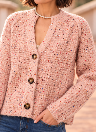 TRIBAL sequined cardigan sweater in blush pink with long sleeves and V-neck