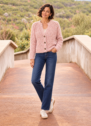 TRIBAL Tweed Like Sequined Sweater, pink cardigan with sequin shimmer - August Boutique