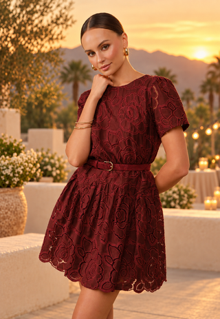 Floral Eyelet Mini Dress with Buckle Belt in burgundy, round neckline and puff sleeves - August Boutique