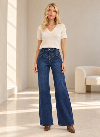 Risen High Rise Wide Leg V Yoke Stretchy Jeans in dark wash denim - August Boutique