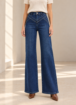 Risen V Yoke High Rise Wide Leg Jeans, dark wash stretchy denim - August Boutique