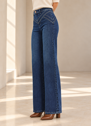 Risen high waisted wide leg jeans in dark wash with 33 inch inseam