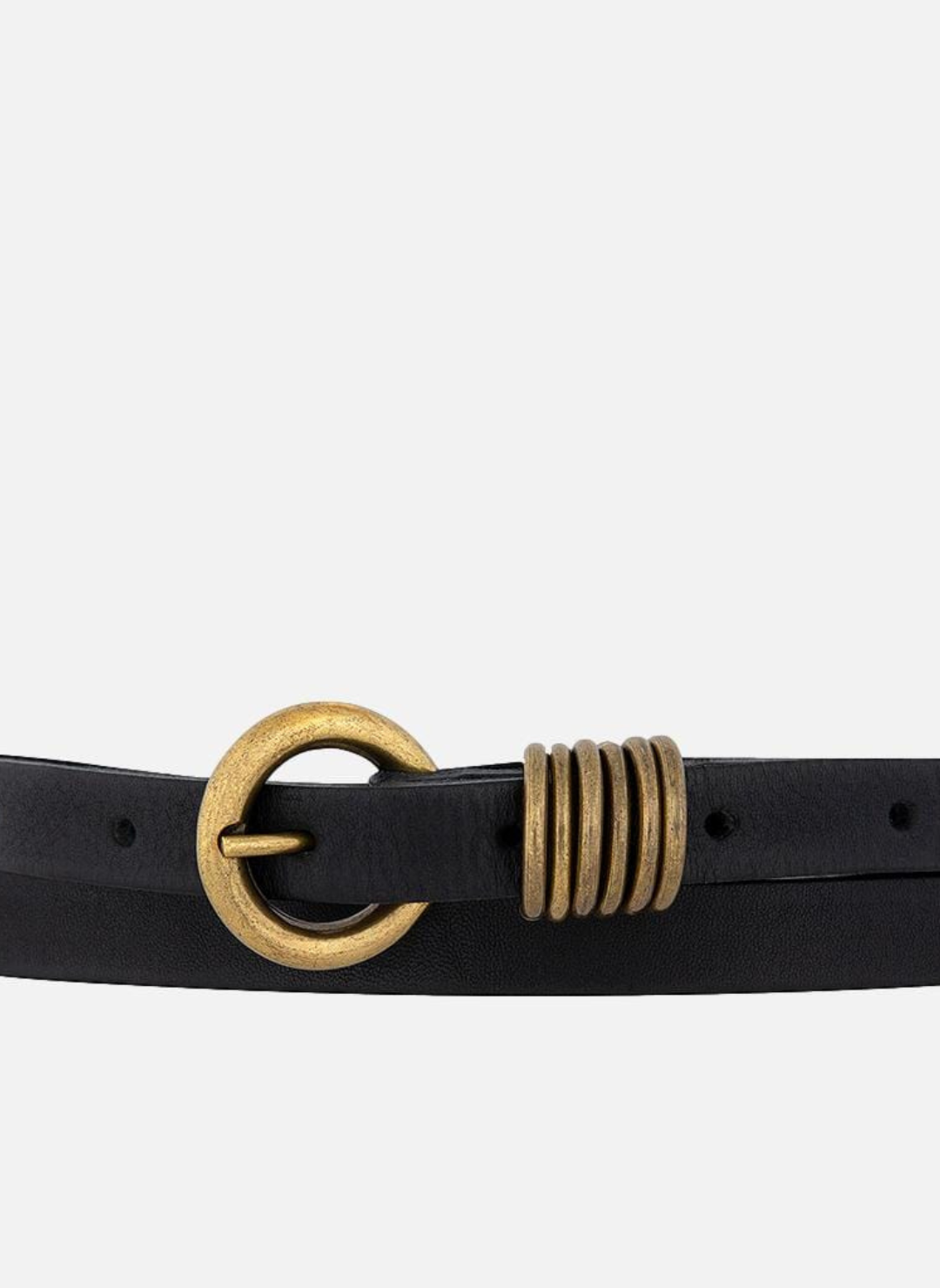 Black belt with gold detailing in front of white background. 