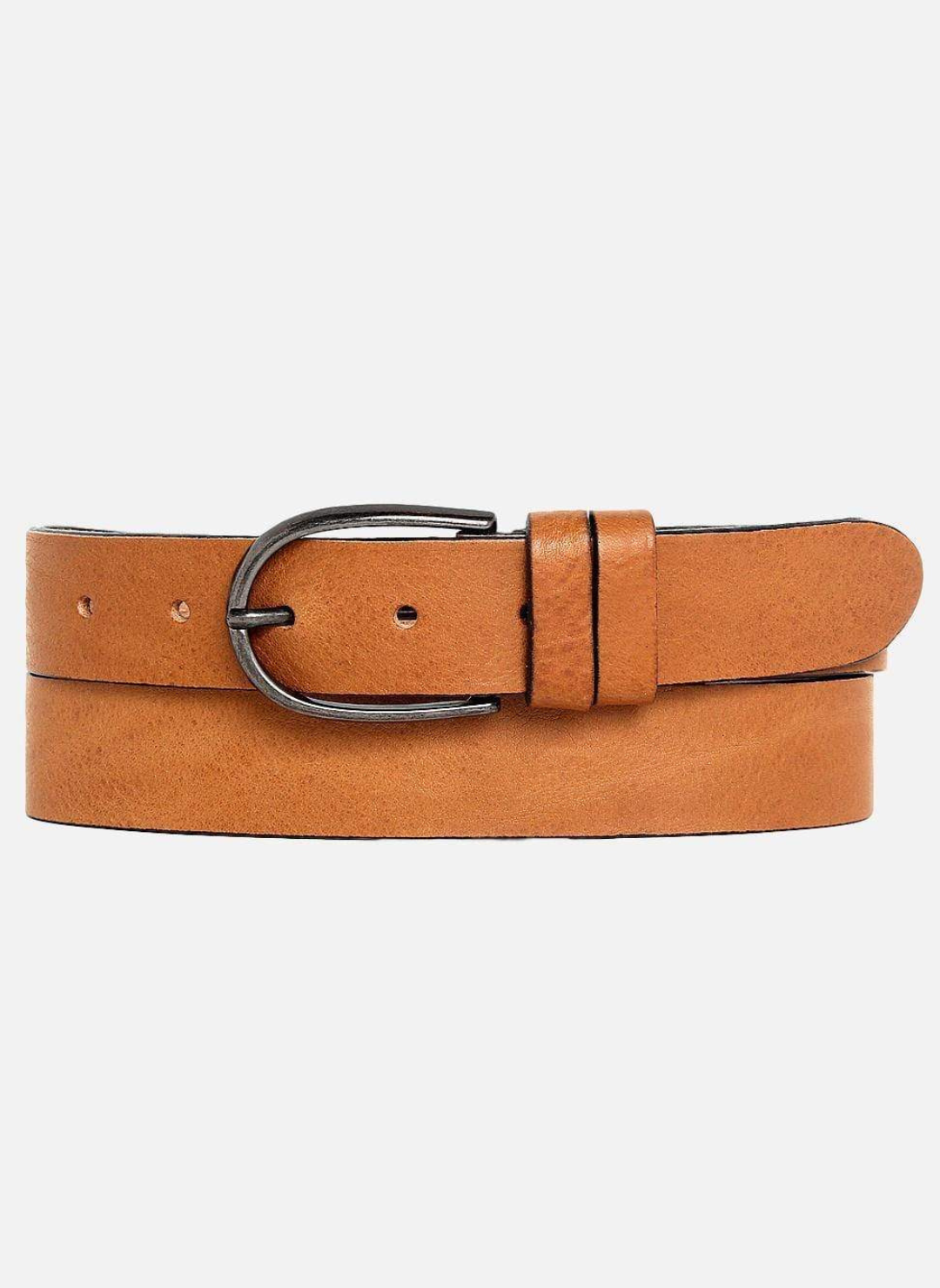 Tan/ light brown Leather belt with sliver buckle. White background.