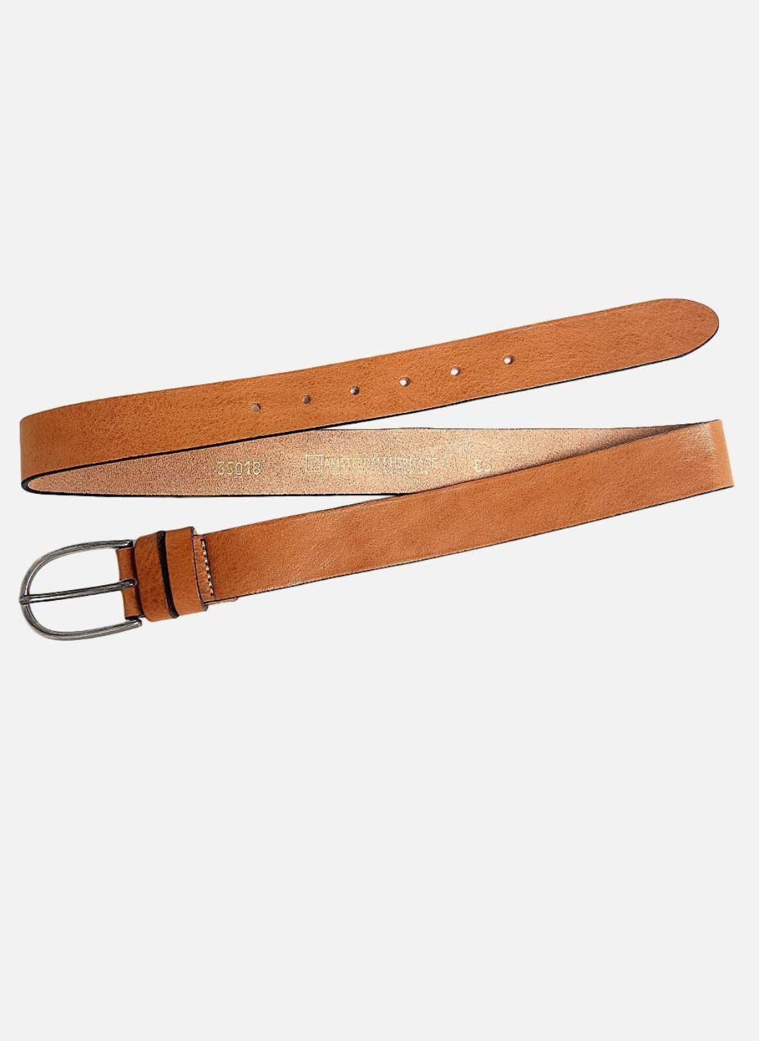 Both front and back side of tan belt are shown. There is a silver buckle and white background. 