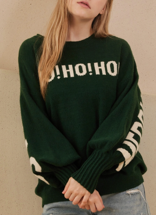 Green Christmas Cool Sweater HO HO HO front – August Boutique