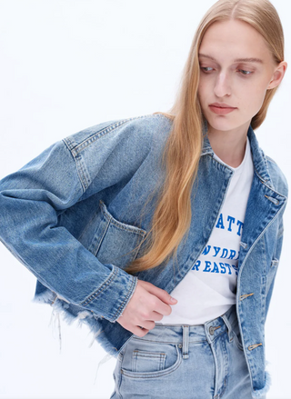 Front view of model wearing the Bayeas Jenny Denim Jacket