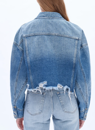 Back view of model wearing the Bayeas Jenny Denim Jacket