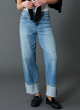 front view of model wearing the DAZE Eastside High Rise Cuff Denim 