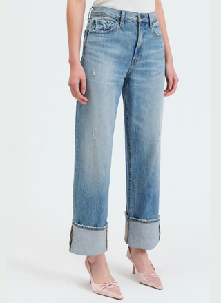 Front view of model wearing the DAZE Eastside High Rise Cuff Denim