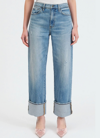 front view of model wearing the DAZE Eastside High Rise Cuff Denim