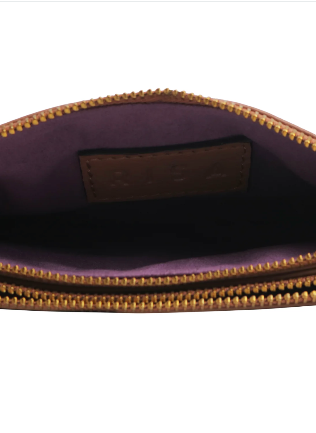 Tan upcycled leather crossbody bag by RISA with front zipper pocket, adjustable strap, and gold hardware – available at August Boutique Ripon.