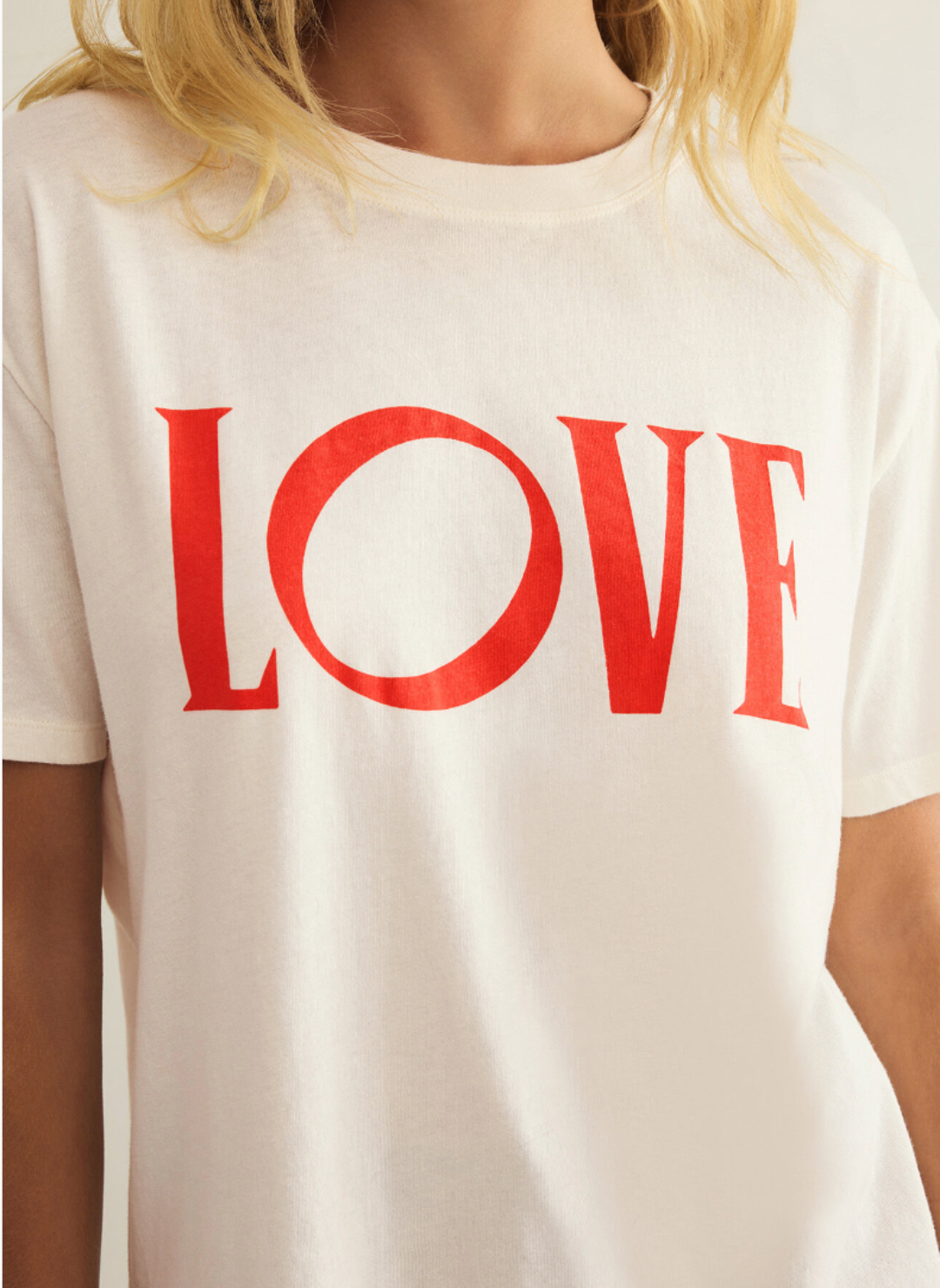 Close up view of model wearing big LOVE BF tee.