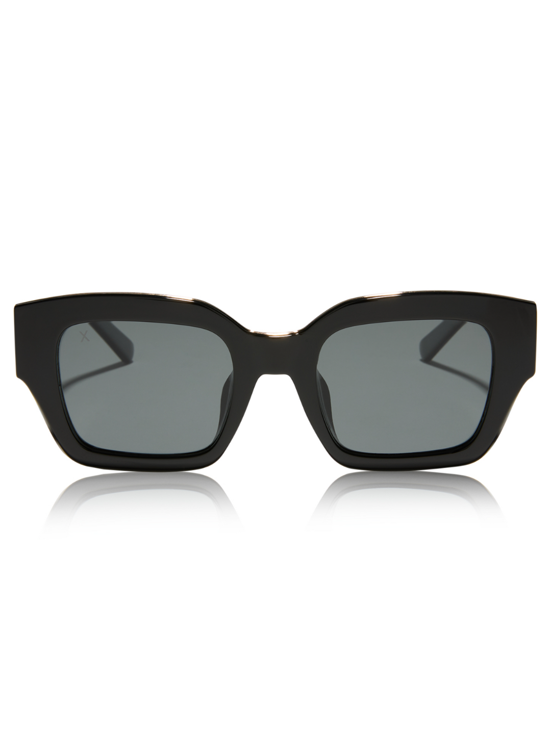 Image shows front view of black glasses with gray polarized lens