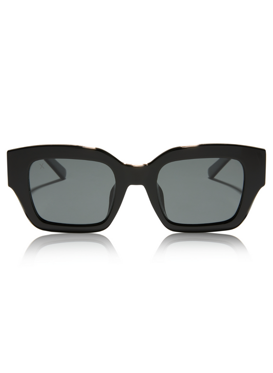 Image shows front view of black glasses with gray polarized lens