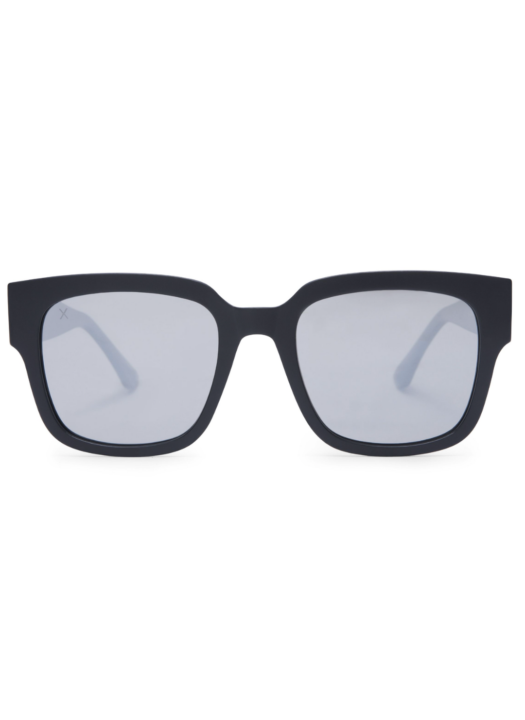 image shows a pair of matte black glasses with a grey polarized mirror lens